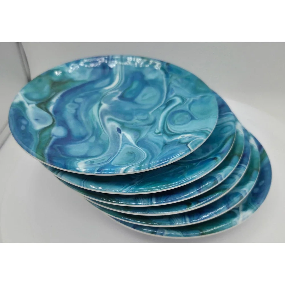 Certified International Fluidity Melamine Appetizer Plates Blue Marble Set‎ of 6